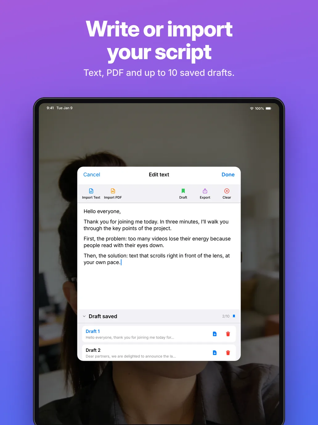 Telepromptia on iPad: the text editor