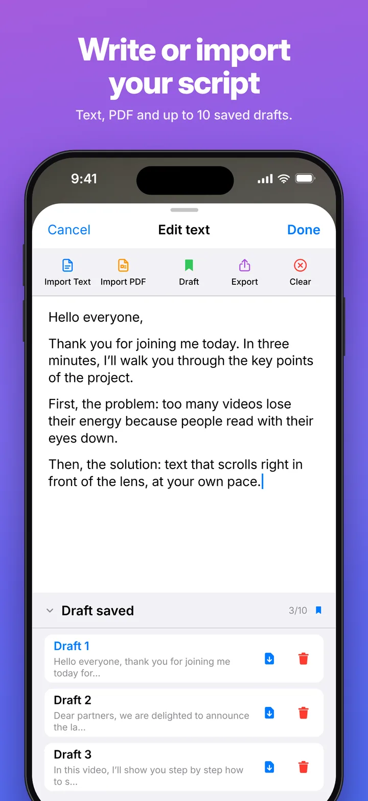 Telepromptia: the text editor with its drafts